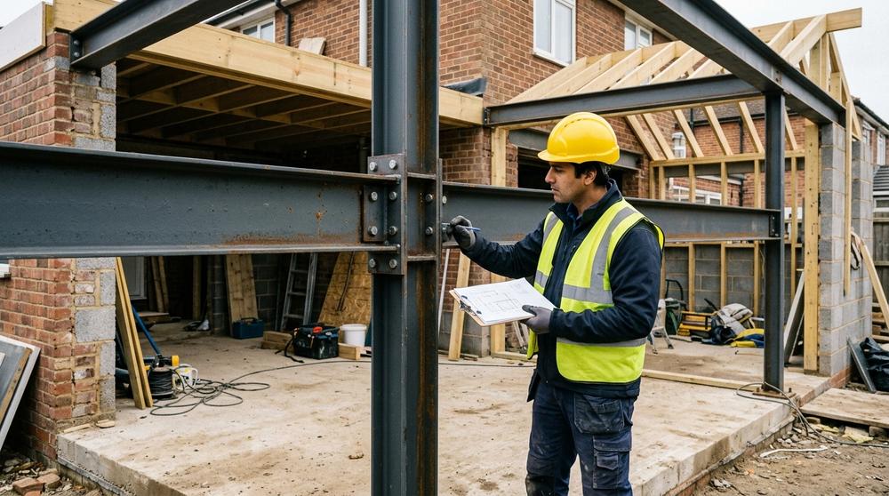 Building Control inspector checking steelwork on site