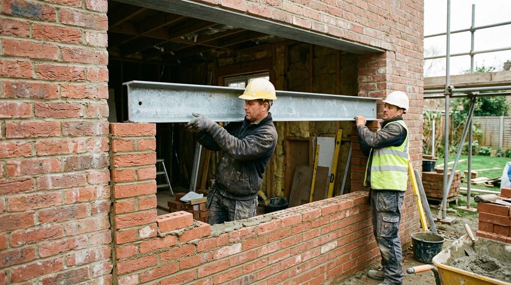 Steel lintel being installed above a new window opening