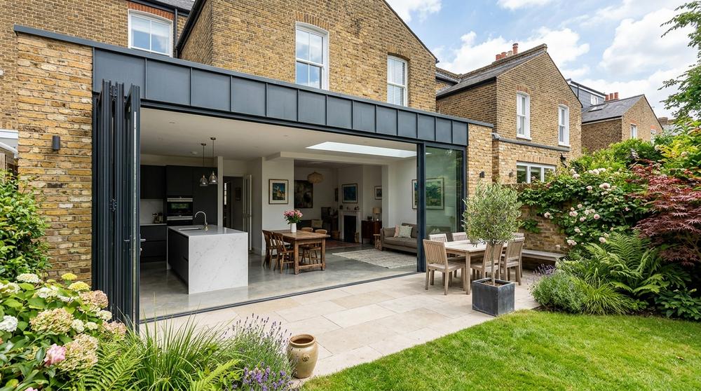 Completed modern rear extension with bi-fold doors