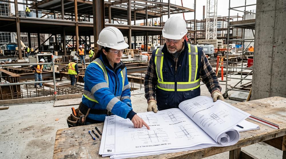 Engineer and builder reviewing drawings on site