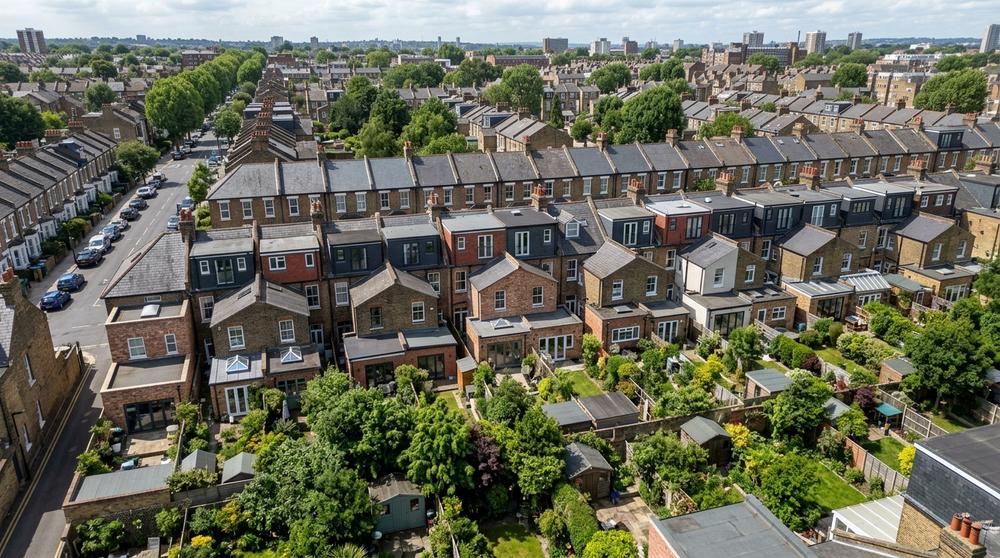 Aerial view of London terraces with various rear extensions