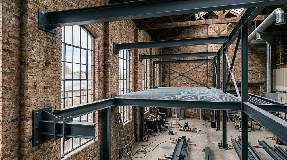 Mezzanine floor being installed in a warehouse conversion