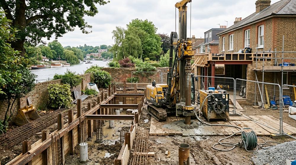 Extension foundation work near the River Thames