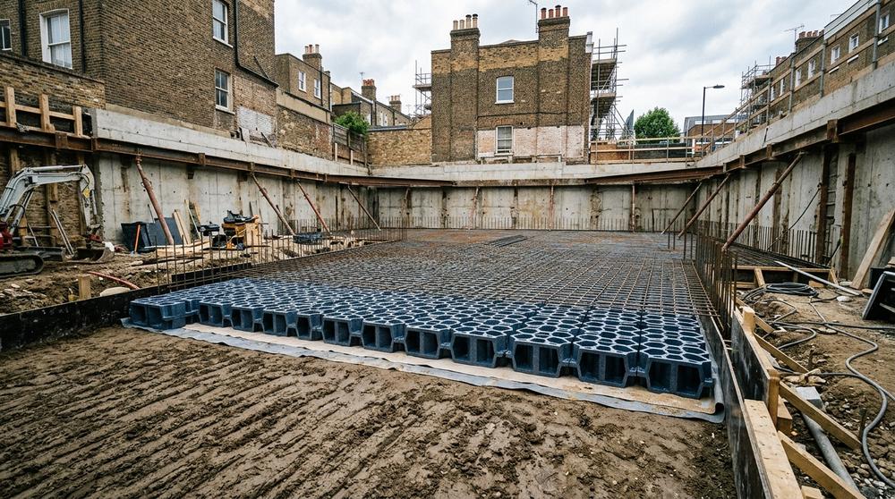 Void formers for heave protection in a Camden basement