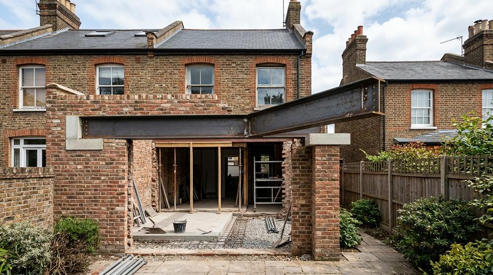 Steel beam spanning a new rear extension opening