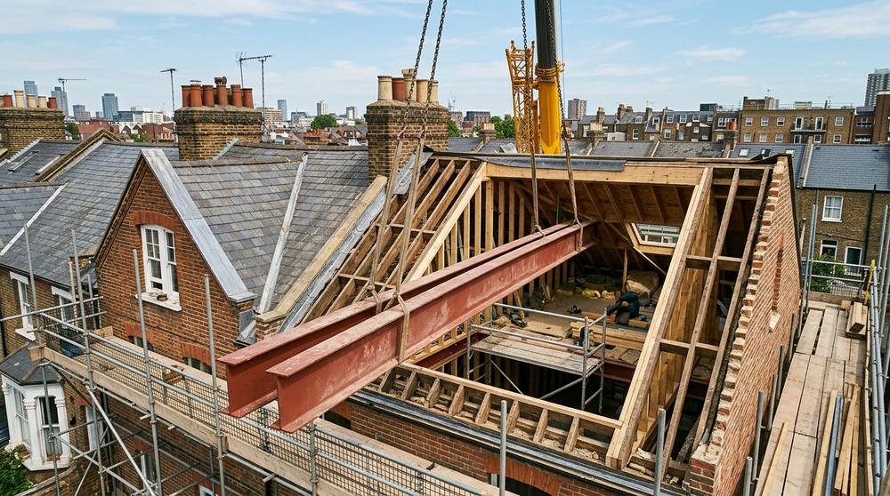 Steelwork for a dormer being craned into position
