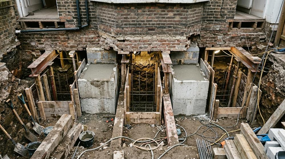 Foundation underpinning beneath a London house