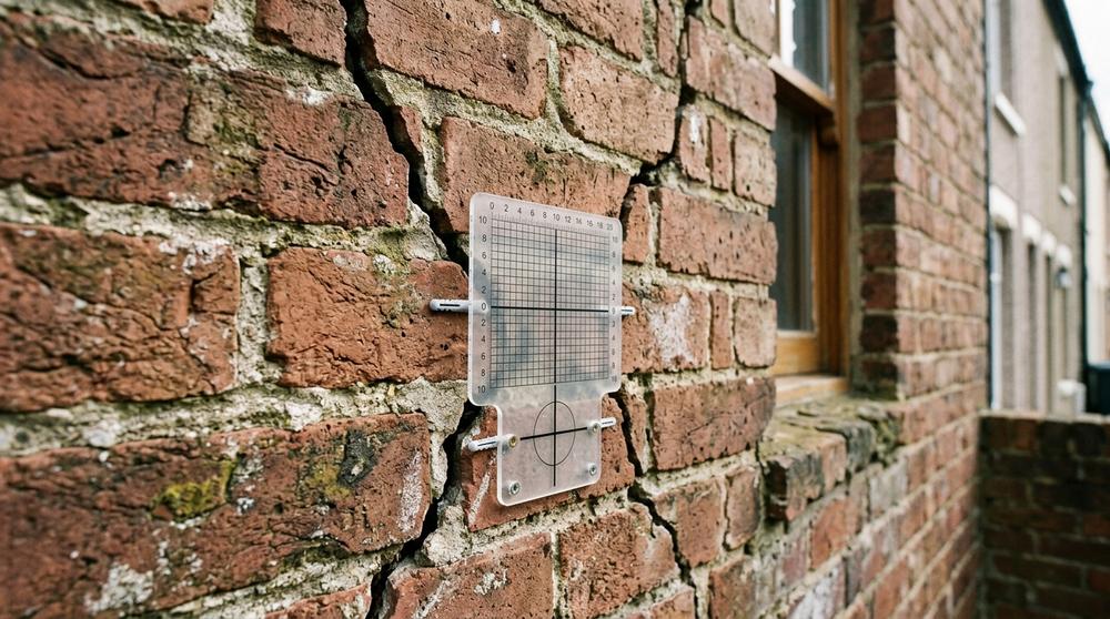 Structural crack in a Victorian terrace wall being inspected